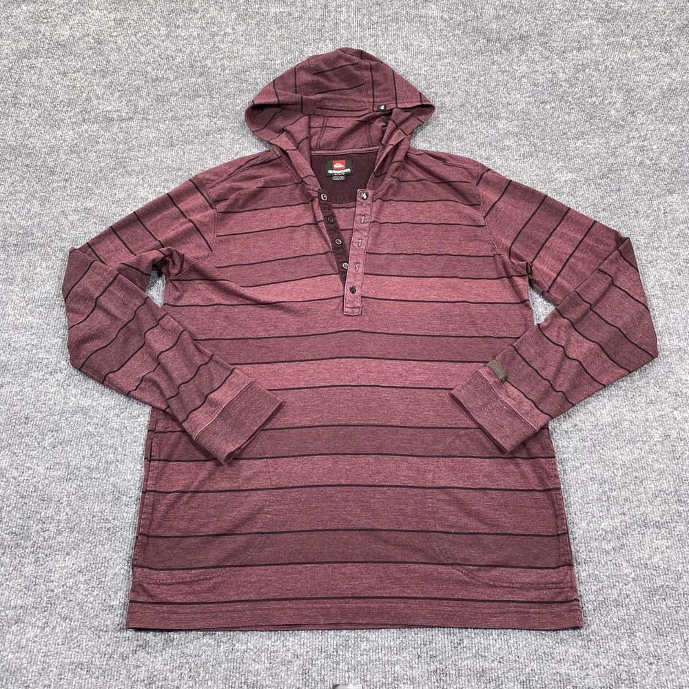 Quiksilver Shirt Mens Medium Red Striped Long Sleeve Hooded Henley Tee Casual